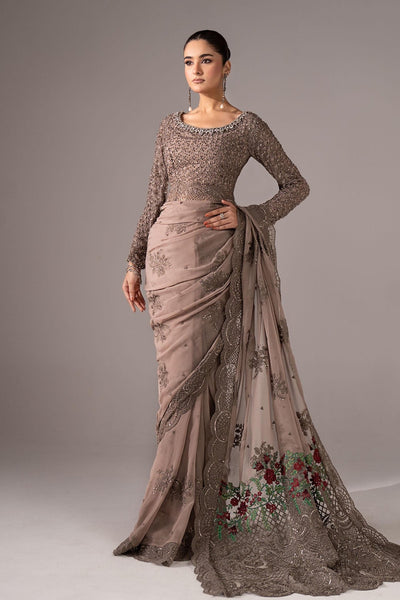 Maria B | RTW | Embroidered Chiffon Saree-Brand:Maria B-Type:Luxury Formals-Grey - House of Maryam- Buy in UK, USA