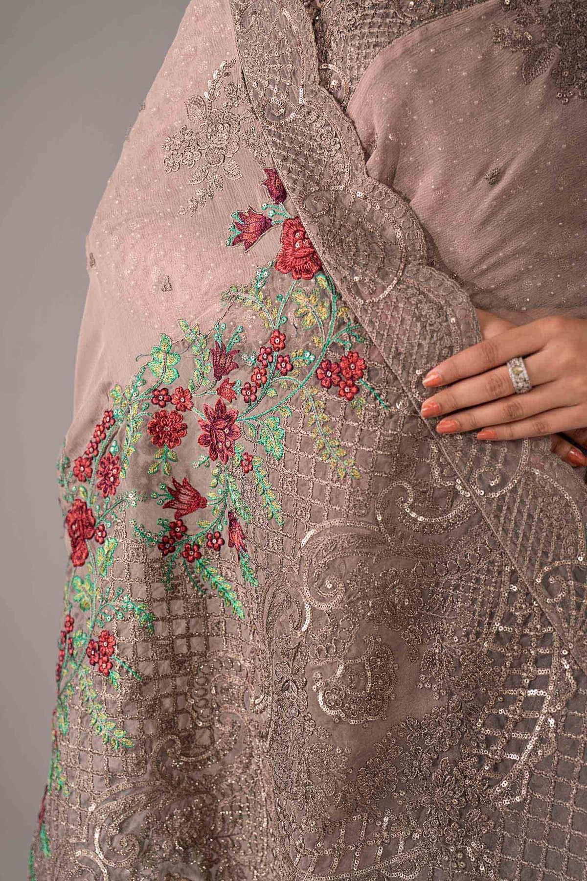 Maria B | RTW | Embroidered Chiffon Saree-Brand:Maria B-Type:Luxury Formals-Grey - House of Maryam- Buy in UK, USA