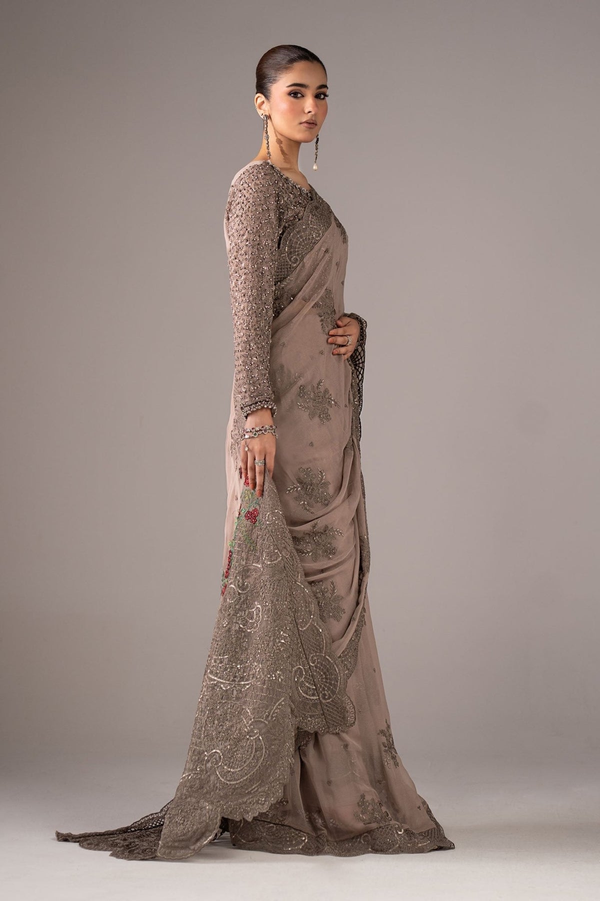 Maria B | RTW | Embroidered Chiffon Saree-Brand:Maria B-Type:Luxury Formals-Grey - House of Maryam- Buy in UK, USA