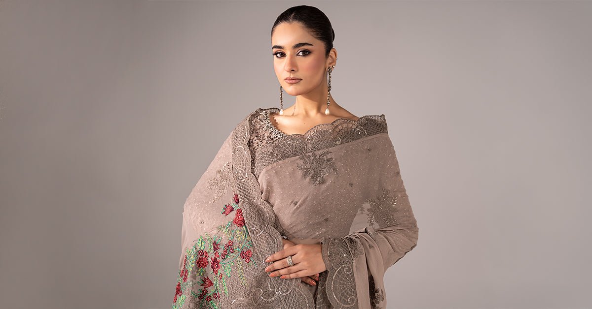 Maria B | RTW | Embroidered Chiffon Saree-Brand:Maria B-Type:Luxury Formals-Grey - House of Maryam- Buy in UK, USA