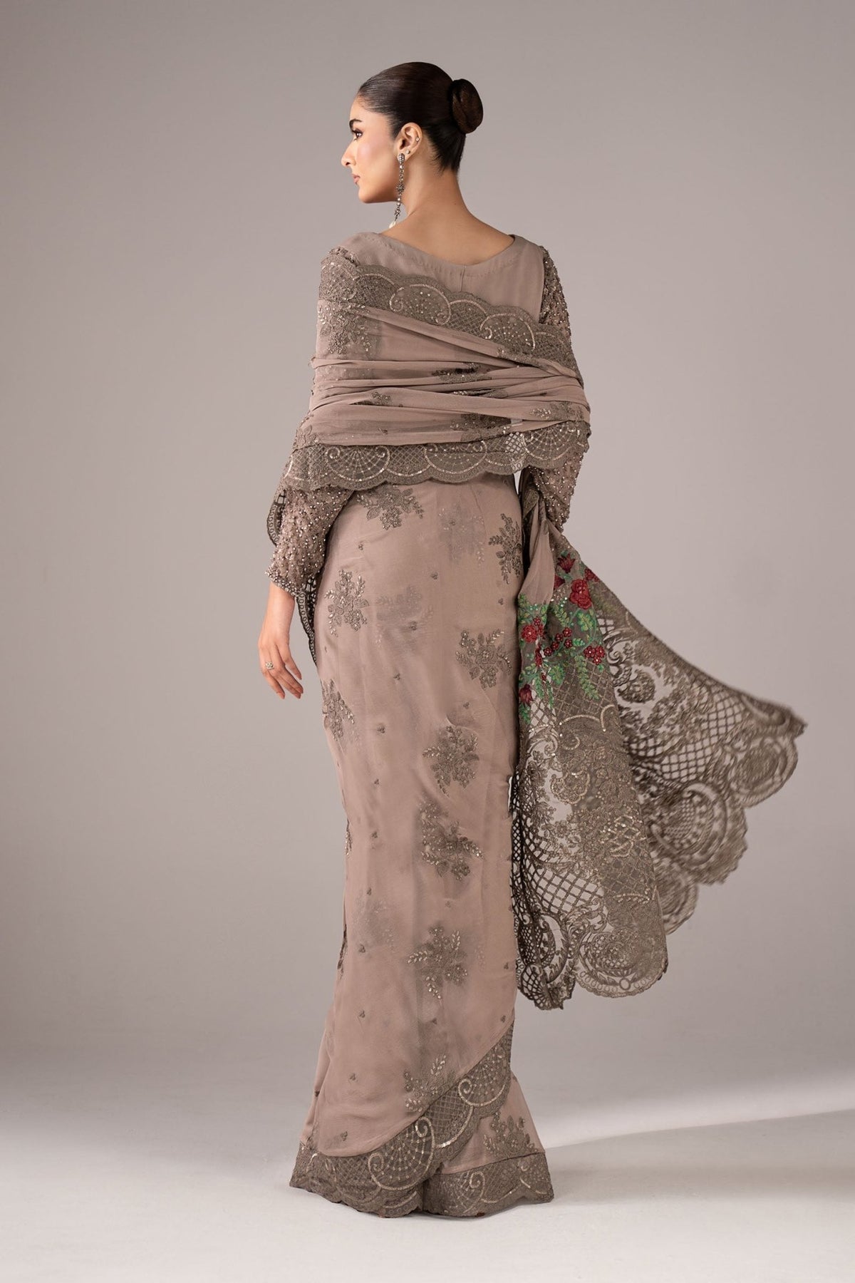 Maria B | RTW | Embroidered Chiffon Saree-Brand:Maria B-Type:Luxury Formals-Grey - House of Maryam- Buy in UK, USA