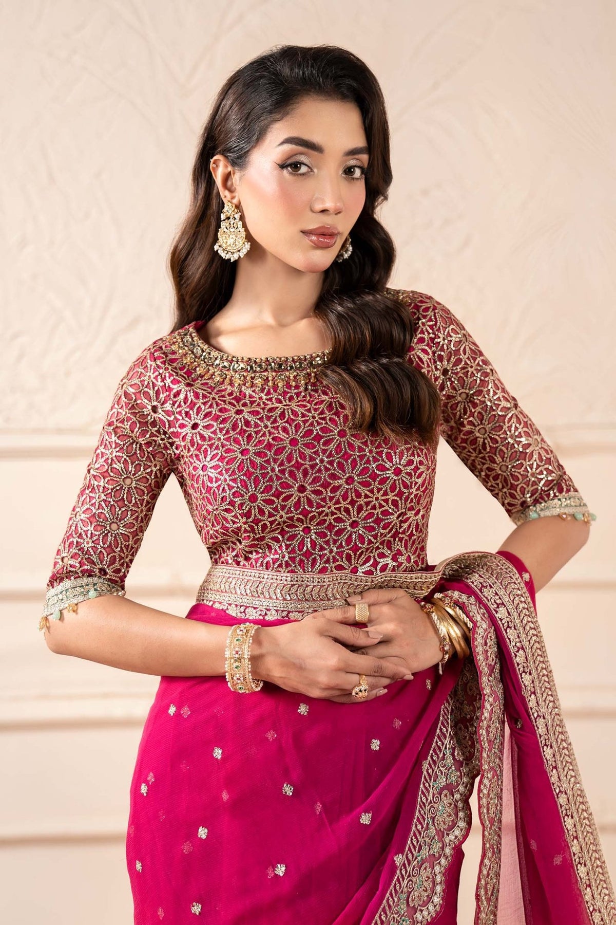 Maria B | RTW | Embroidered Chiffon Saree-Brand:Maria B-Type:Luxury Formals-Pink - House of Maryam- Buy in UK, USA