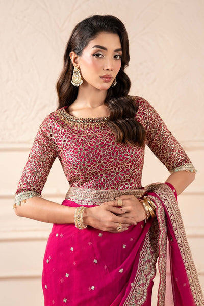 Maria B | RTW | Embroidered Chiffon Saree-Brand:Maria B-Type:Luxury Formals-Pink - House of Maryam- Buy in UK, USA