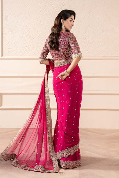 Maria B | RTW | Embroidered Chiffon Saree-Brand:Maria B-Type:Luxury Formals-Pink - House of Maryam- Buy in UK, USA