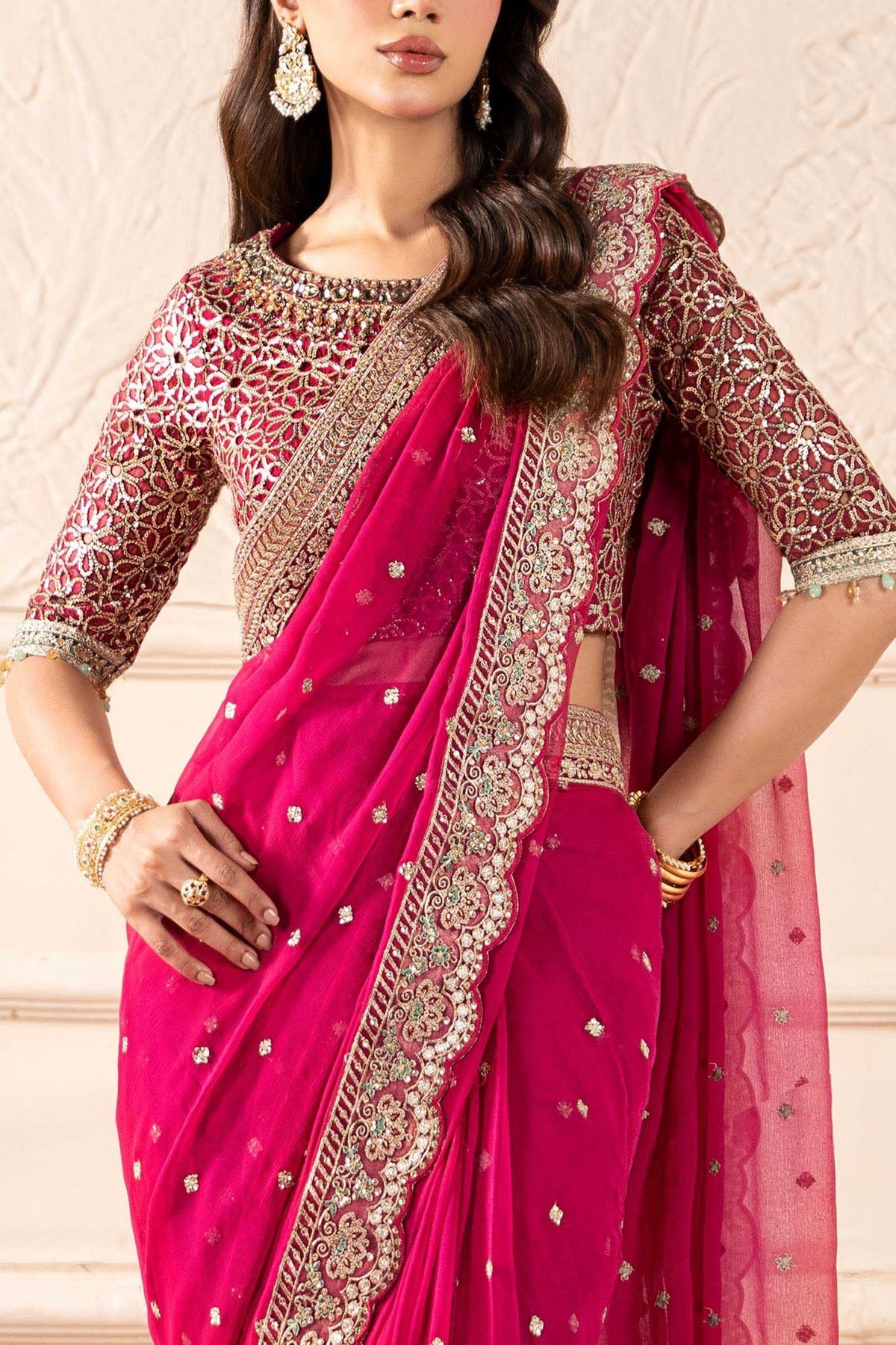 Maria B | RTW | Embroidered Chiffon Saree-Brand:Maria B-Type:Luxury Formals-Pink - House of Maryam- Buy in UK, USA