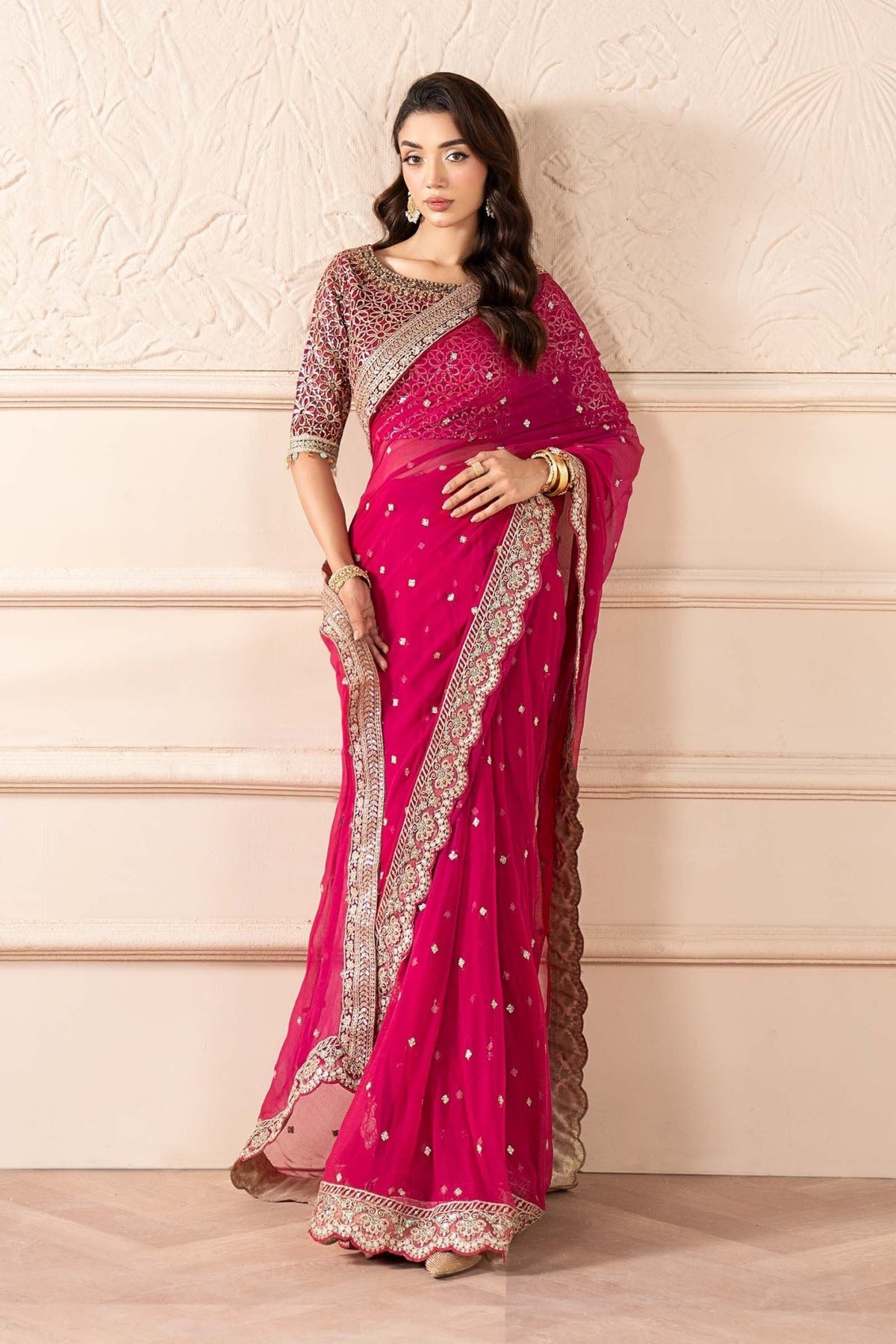 Maria B | RTW | Embroidered Chiffon Saree-Brand:Maria B-Type:Luxury Formals-Pink - House of Maryam- Buy in UK, USA