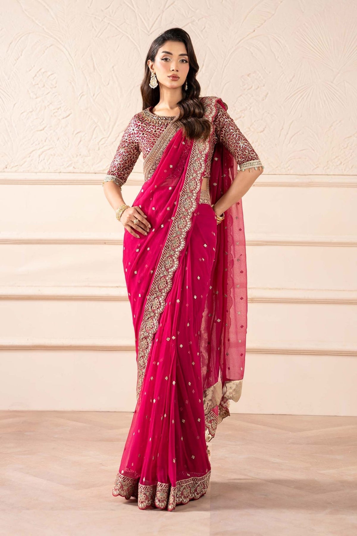 Maria B | RTW | Embroidered Chiffon Saree-Brand:Maria B-Type:Luxury Formals-Pink - House of Maryam- Buy in UK, USA