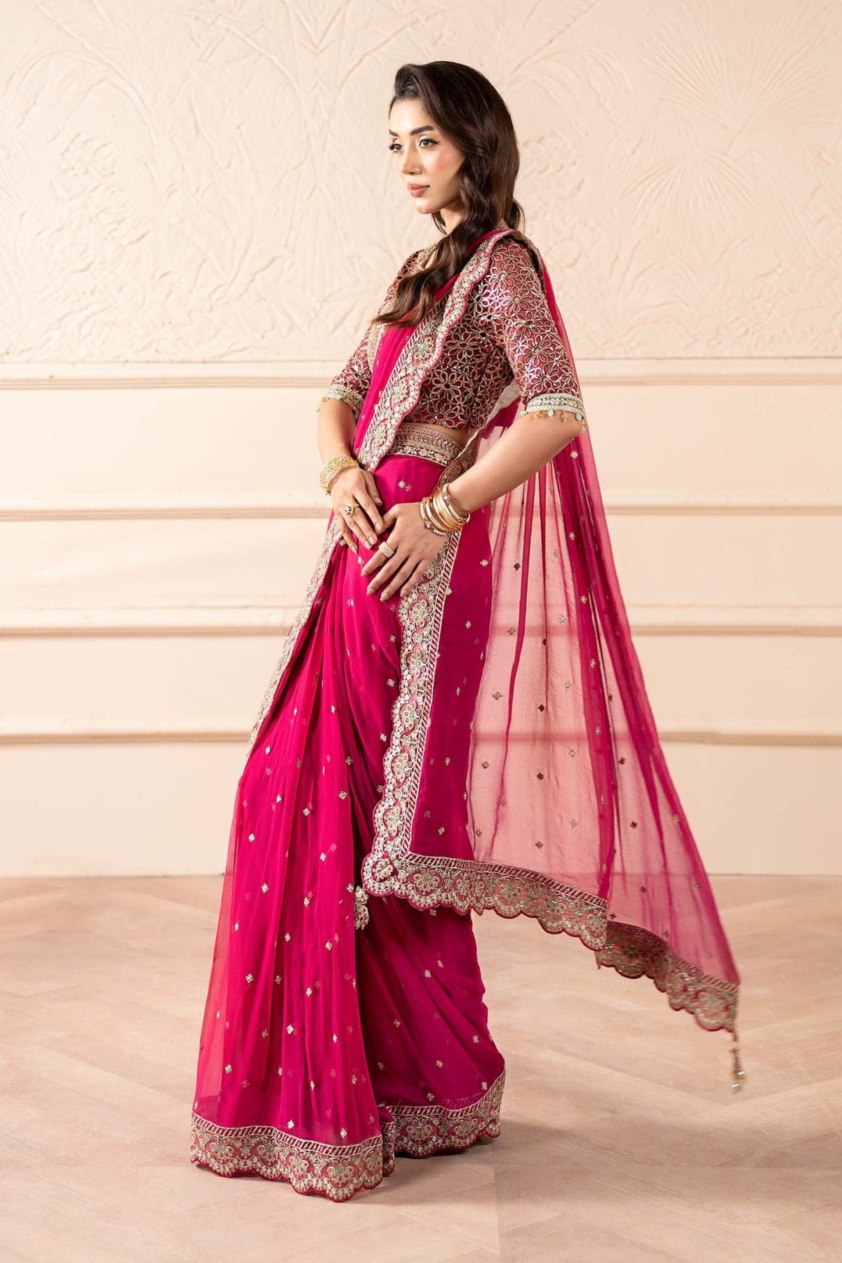 Maria B | RTW | Embroidered Chiffon Saree-Brand:Maria B-Type:Luxury Formals-Pink - House of Maryam- Buy in UK, USA