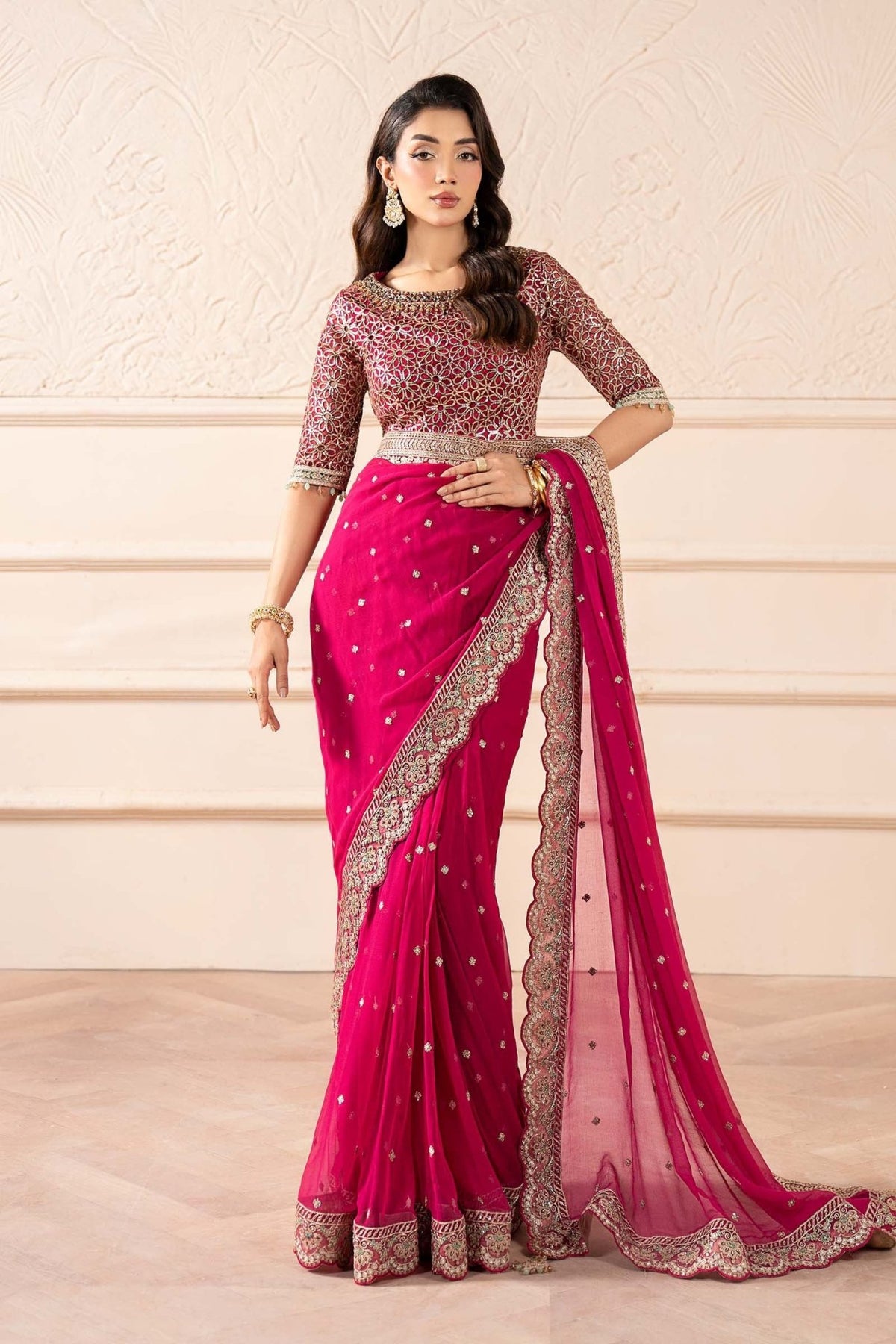 Maria B | RTW | Embroidered Chiffon Saree-Brand:Maria B-Type:Luxury Formals-Pink - House of Maryam- Buy in UK, USA