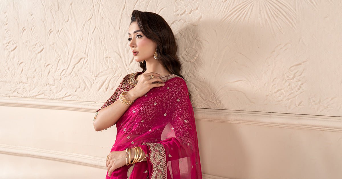 Maria B | RTW | Embroidered Chiffon Saree-Brand:Maria B-Type:Luxury Formals-Pink - House of Maryam- Buy in UK, USA