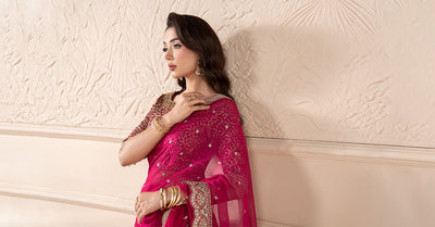 Maria B | RTW | Embroidered Chiffon Saree-Brand:Maria B-Type:Luxury Formals-Pink - House of Maryam- Buy in UK, USA