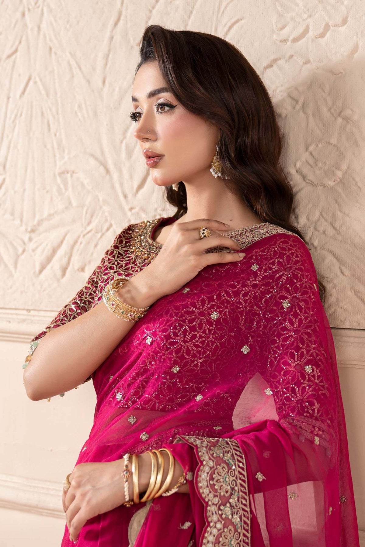 Maria B | RTW | Embroidered Chiffon Saree-Brand:Maria B-Type:Luxury Formals-Pink - House of Maryam- Buy in UK, USA