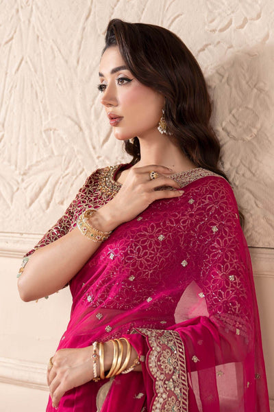 Maria B | RTW | Embroidered Chiffon Saree-Brand:Maria B-Type:Luxury Formals-Pink - House of Maryam- Buy in UK, USA