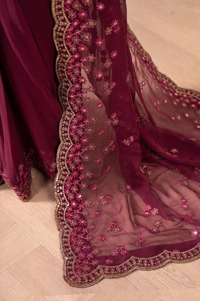 Maria B | RTW | Embroidered Chiffon Saree-Brand:Maria B-Type:Luxury Formals-Purple - House of Maryam- Buy in UK, USA