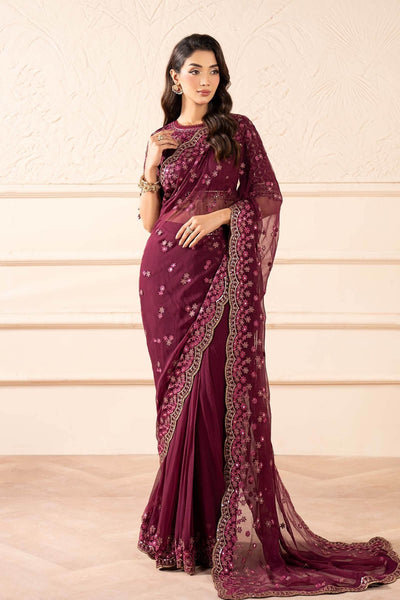 Maria B | RTW | Embroidered Chiffon Saree-Brand:Maria B-Type:Luxury Formals-Purple - House of Maryam- Buy in UK, USA