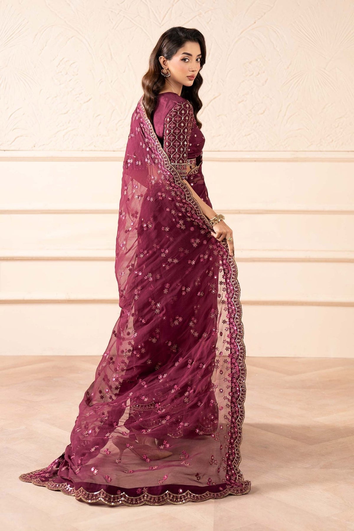 Maria B | RTW | Embroidered Chiffon Saree-Brand:Maria B-Type:Luxury Formals-Purple - House of Maryam- Buy in UK, USA