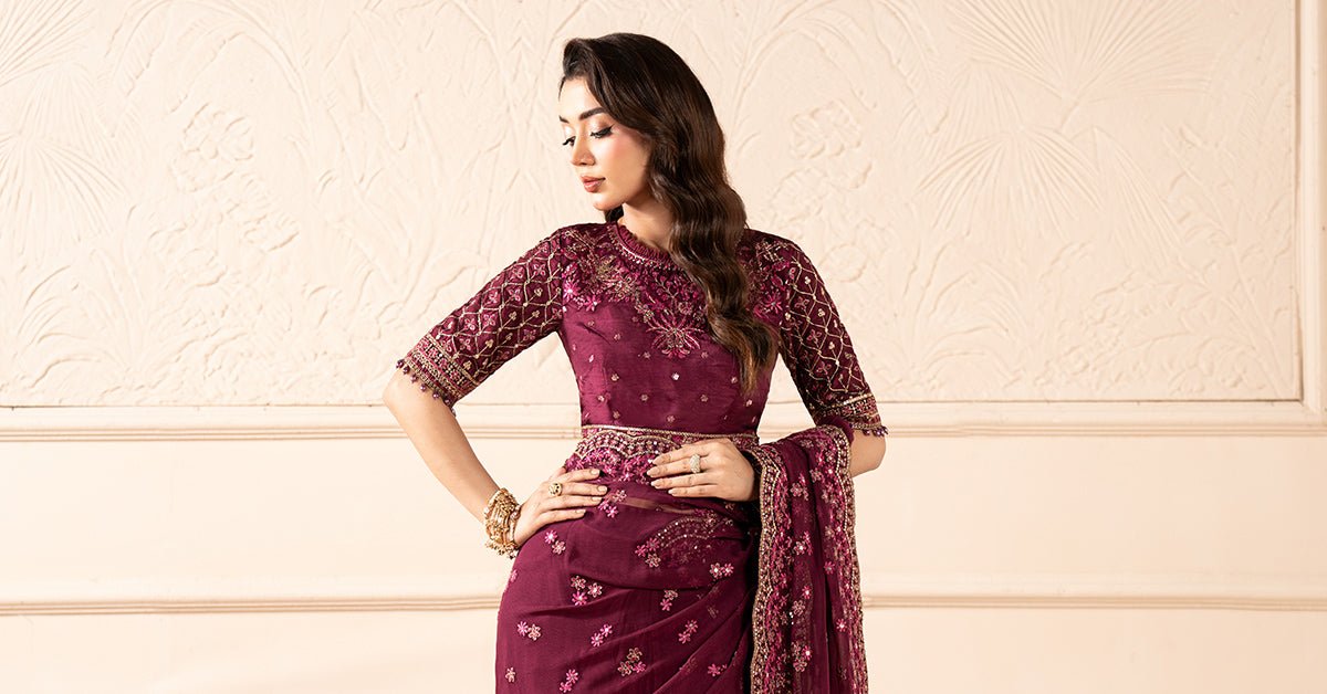 Maria B | RTW | Embroidered Chiffon Saree-Brand:Maria B-Type:Luxury Formals-Purple - House of Maryam- Buy in UK, USA