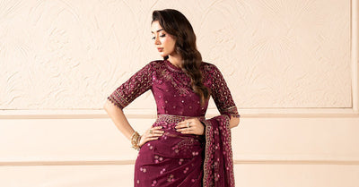 Maria B | RTW | Embroidered Chiffon Saree-Brand:Maria B-Type:Luxury Formals-Purple - House of Maryam- Buy in UK, USA