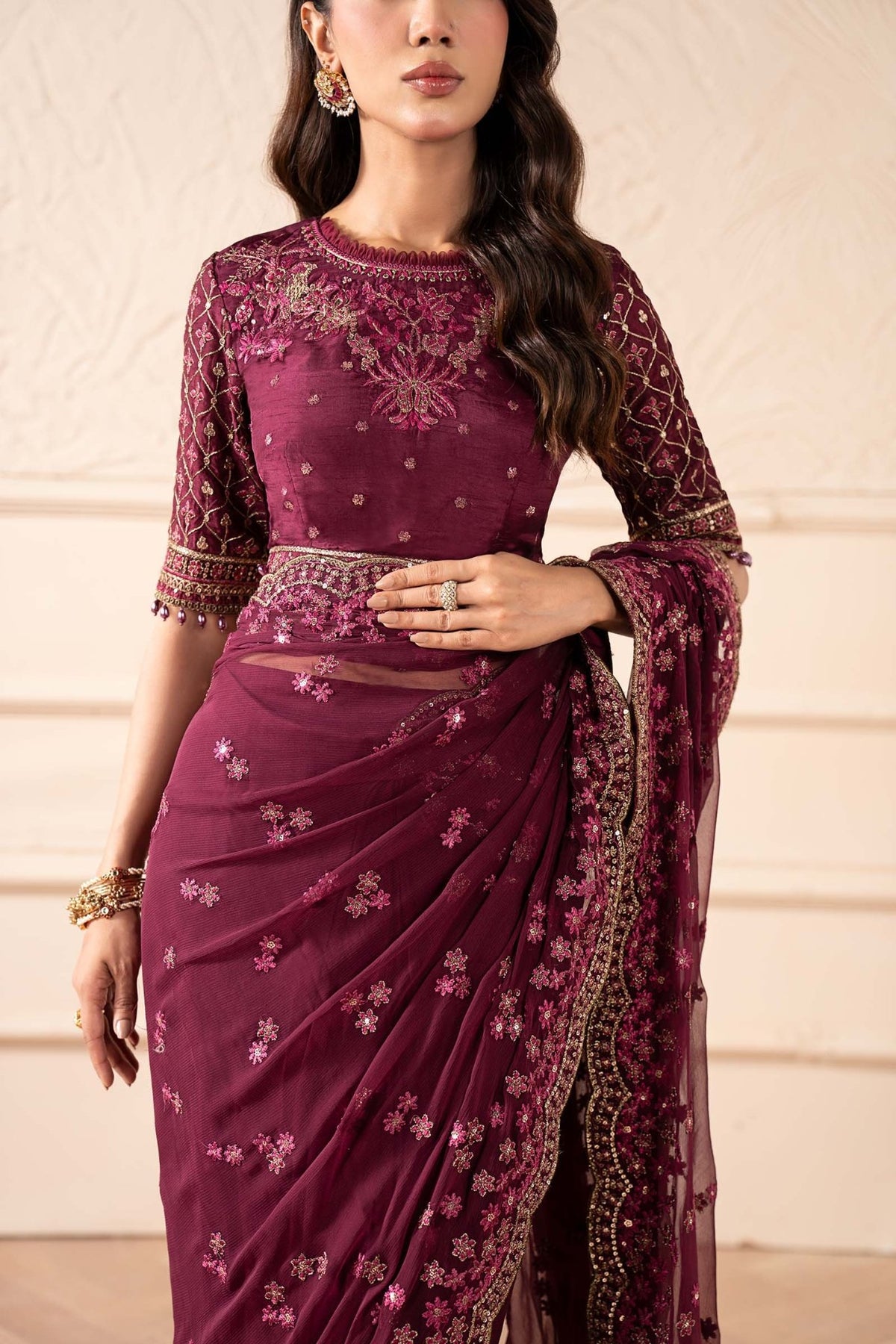 Maria B | RTW | Embroidered Chiffon Saree-Brand:Maria B-Type:Luxury Formals-Purple - House of Maryam- Buy in UK, USA