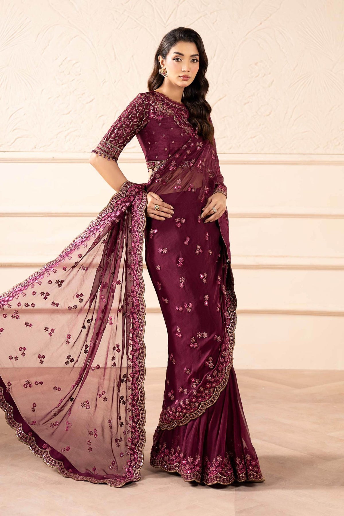 Maria B | RTW | Embroidered Chiffon Saree-Brand:Maria B-Type:Luxury Formals-Purple - House of Maryam- Buy in UK, USA