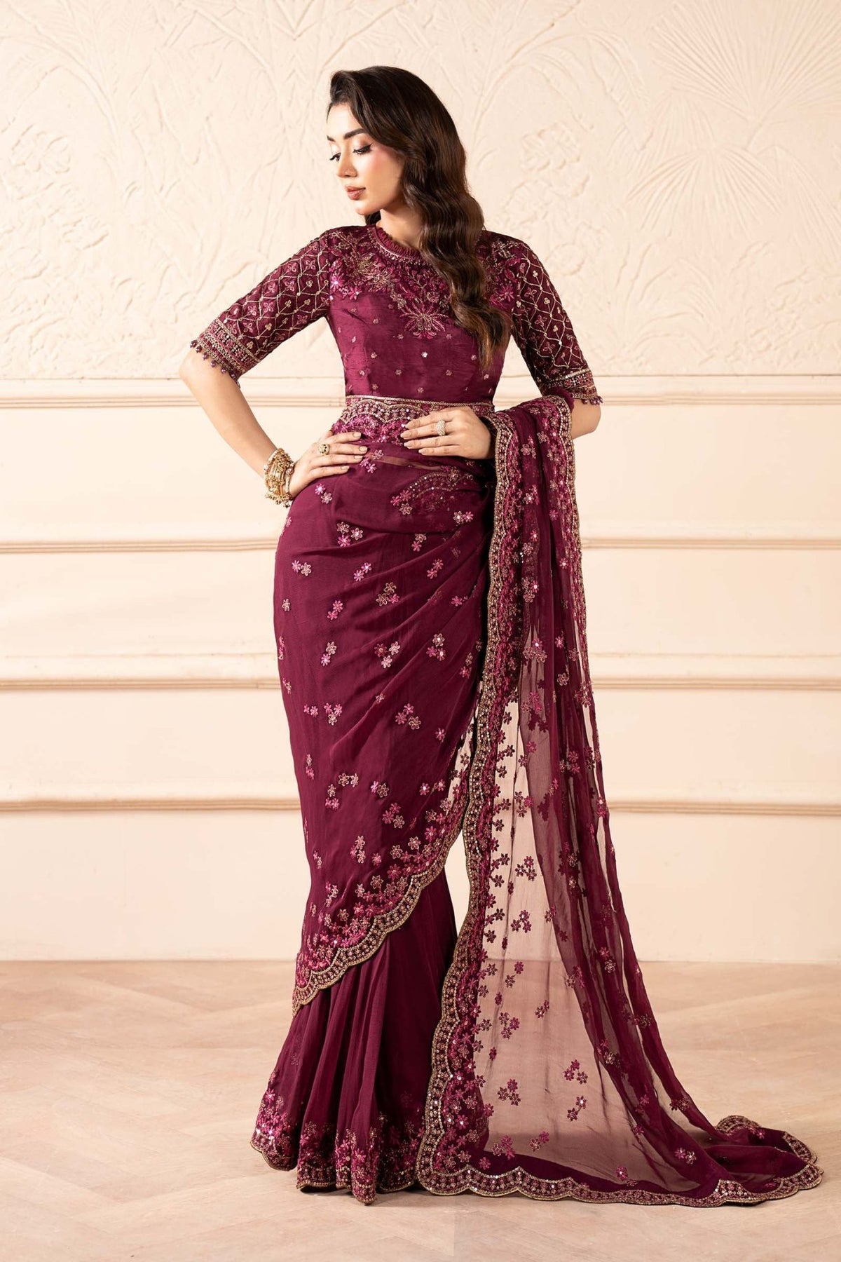 Maria B | RTW | Embroidered Chiffon Saree-Brand:Maria B-Type:Luxury Formals-Purple - House of Maryam- Buy in UK, USA