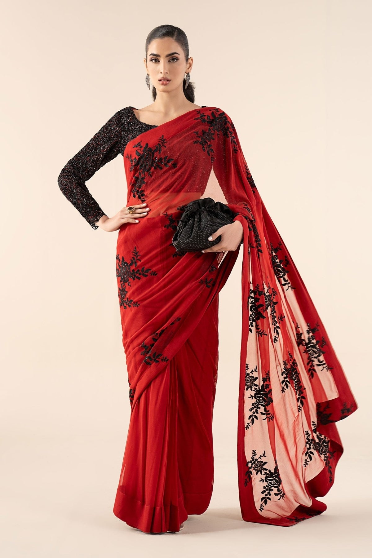 Maria B | RTW | Embroidered Chiffon Saree-Brand:Maria B-Type:Luxury Formals-Red - House of Maryam- Buy in UK, USA