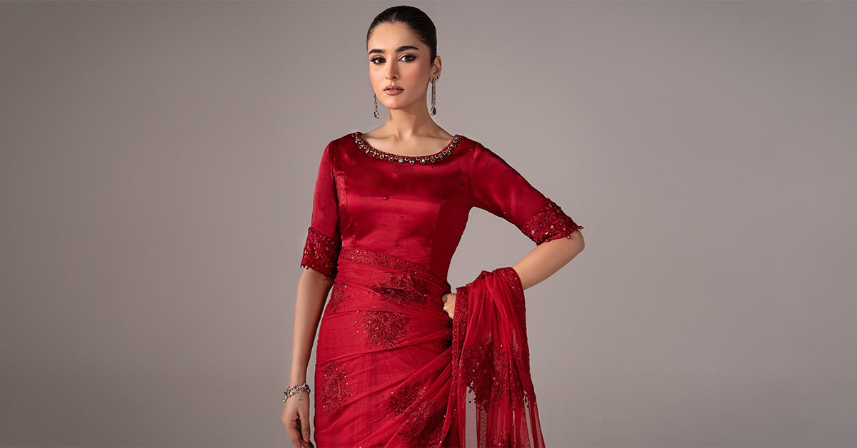 Maria B | RTW | Embroidered Chiffon Saree-Brand:Maria B-Type:Luxury Formals-Red - House of Maryam- Buy in UK, USA