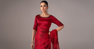 Maria B | RTW | Embroidered Chiffon Saree-Brand:Maria B-Type:Luxury Formals-Red - House of Maryam- Buy in UK, USA