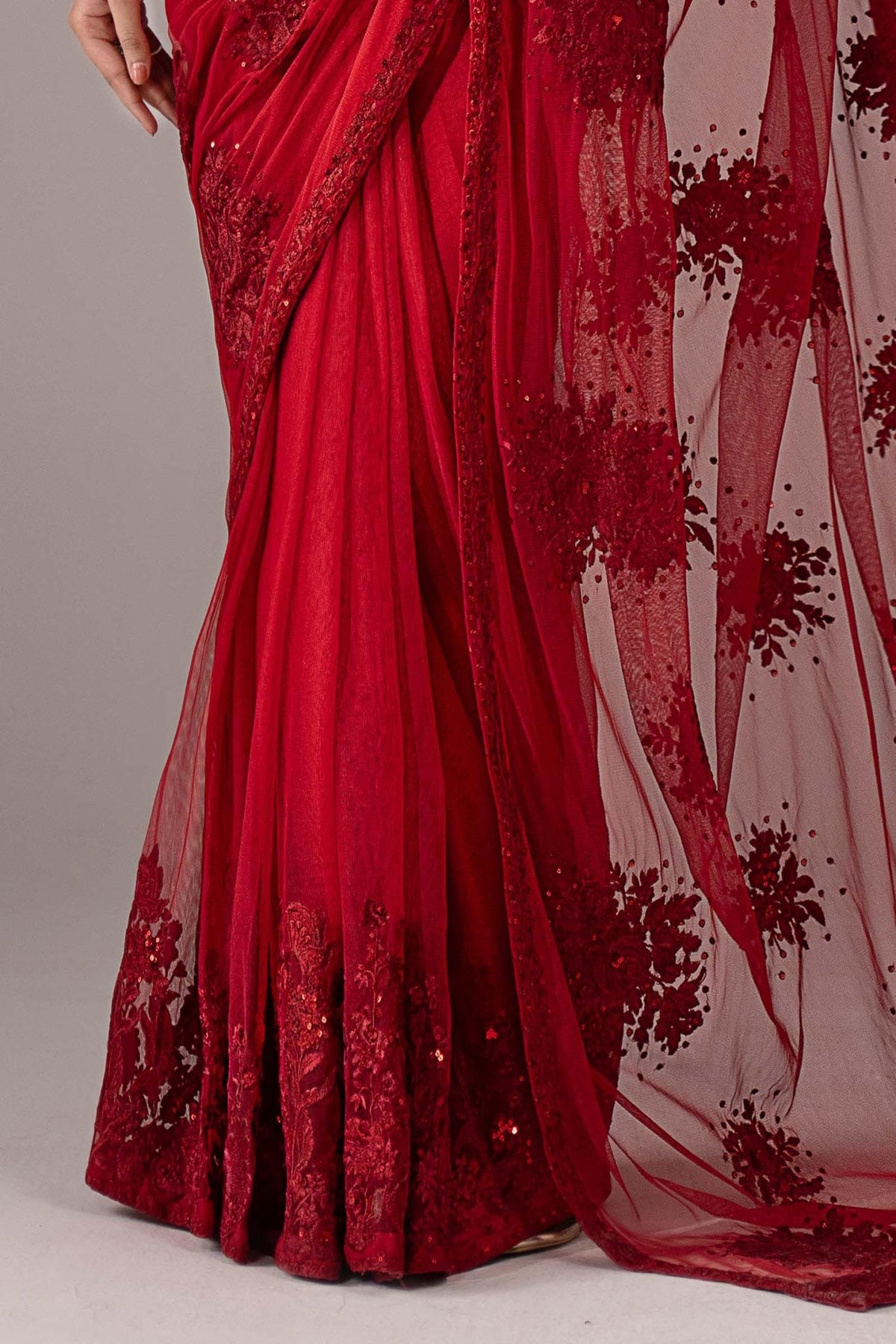 Maria B | RTW | Embroidered Chiffon Saree-Brand:Maria B-Type:Luxury Formals-Red - House of Maryam- Buy in UK, USA