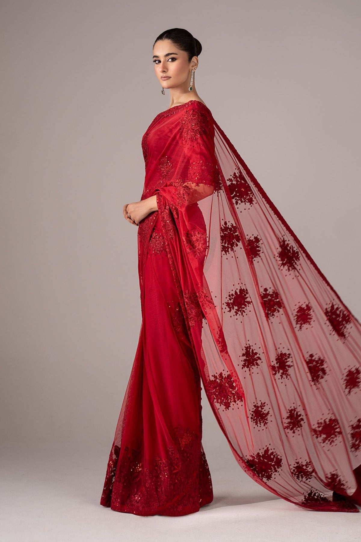 Maria B | RTW | Embroidered Chiffon Saree-Brand:Maria B-Type:Luxury Formals-Red - House of Maryam- Buy in UK, USA