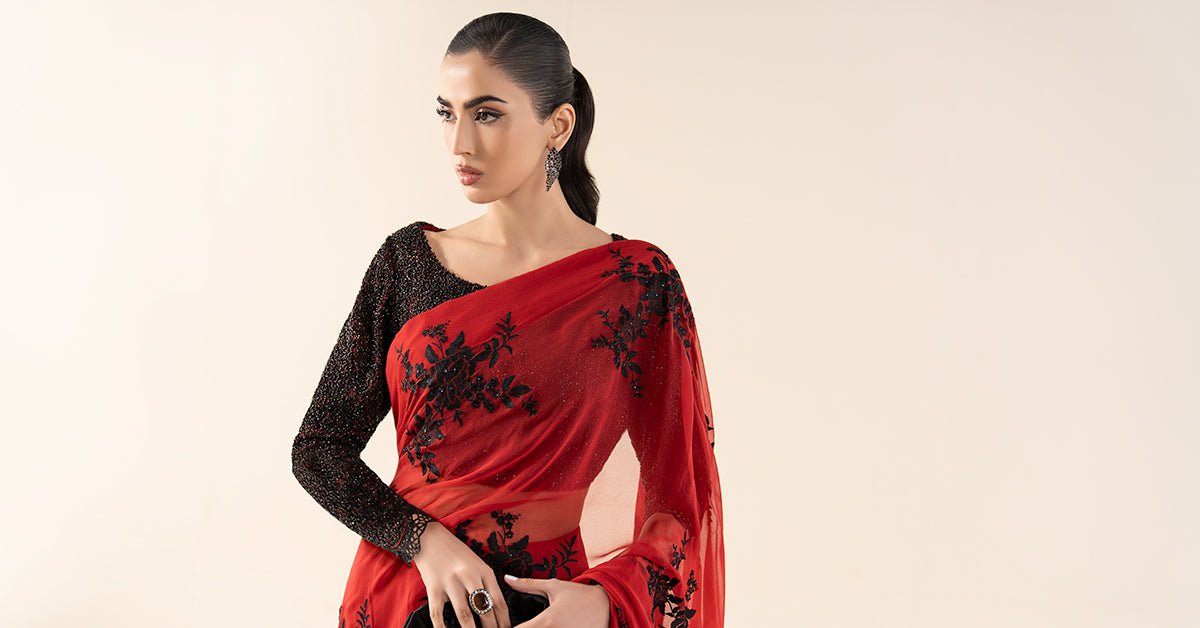 Maria B | RTW | Embroidered Chiffon Saree-Brand:Maria B-Type:Luxury Formals-Red - House of Maryam- Buy in UK, USA