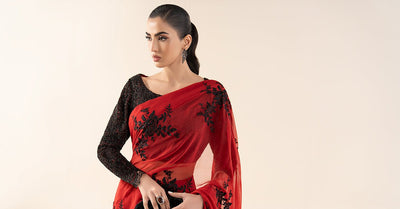 Maria B | RTW | Embroidered Chiffon Saree-Brand:Maria B-Type:Luxury Formals-Red - House of Maryam- Buy in UK, USA