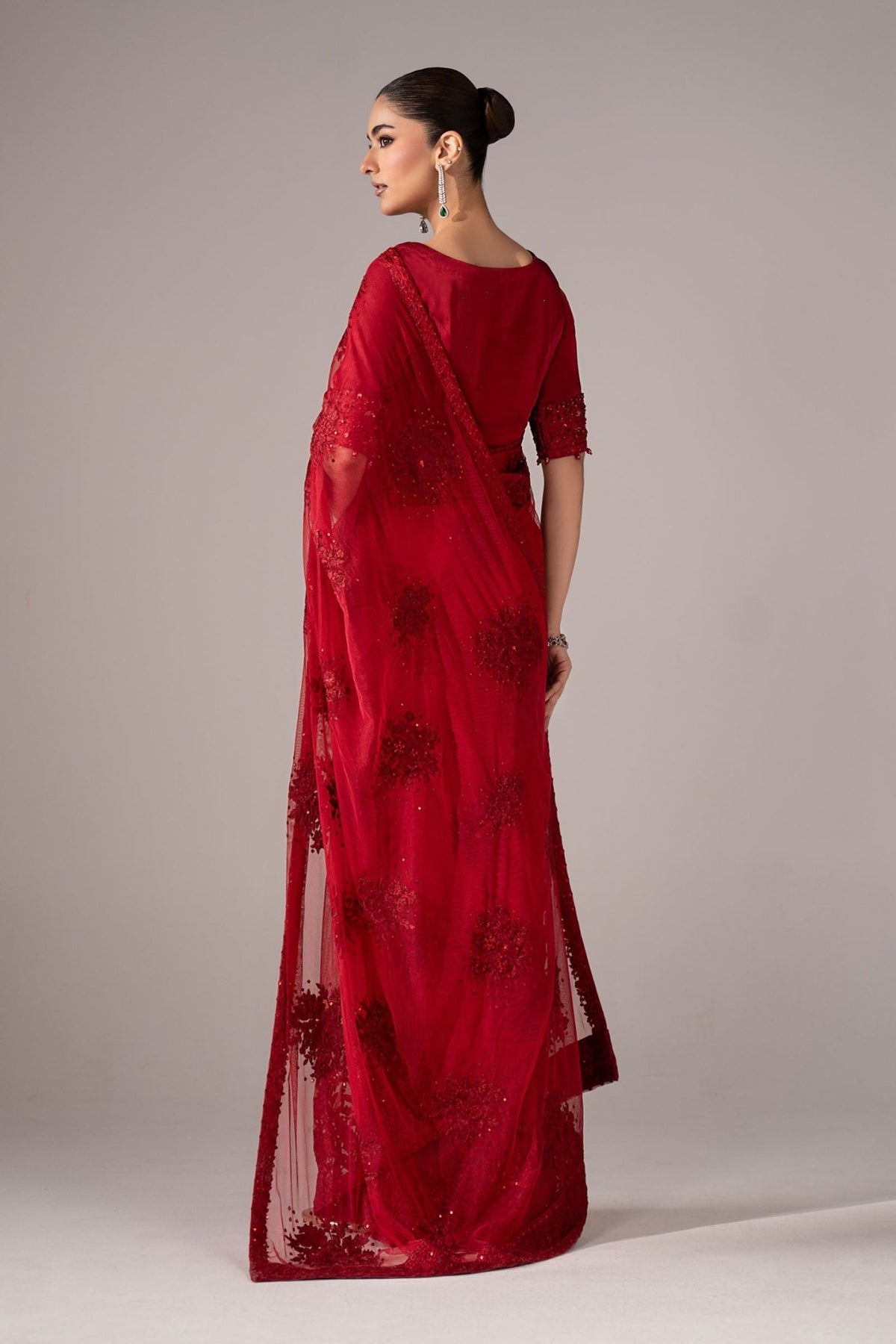 Maria B | RTW | Embroidered Chiffon Saree-Brand:Maria B-Type:Luxury Formals-Red - House of Maryam- Buy in UK, USA