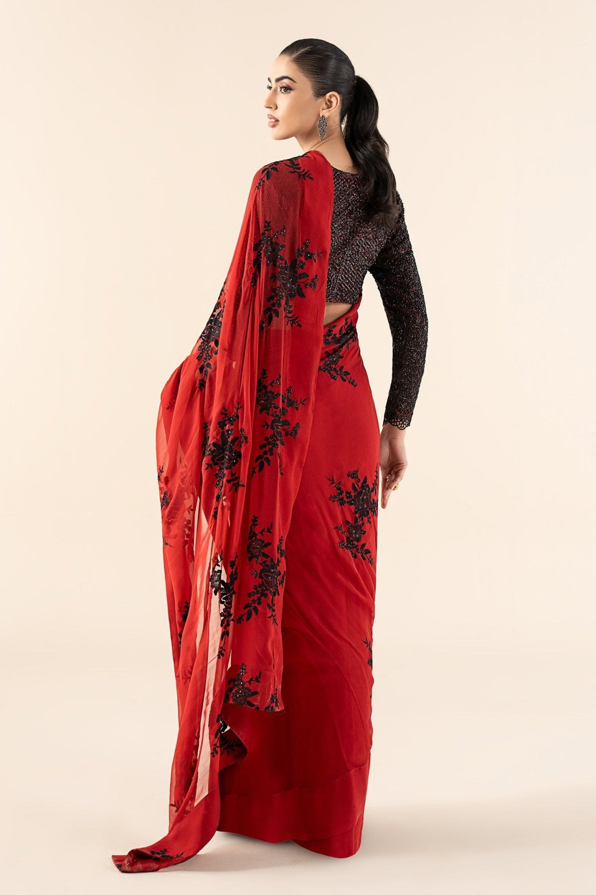 Maria B | RTW | Embroidered Chiffon Saree-Brand:Maria B-Type:Luxury Formals-Red - House of Maryam- Buy in UK, USA