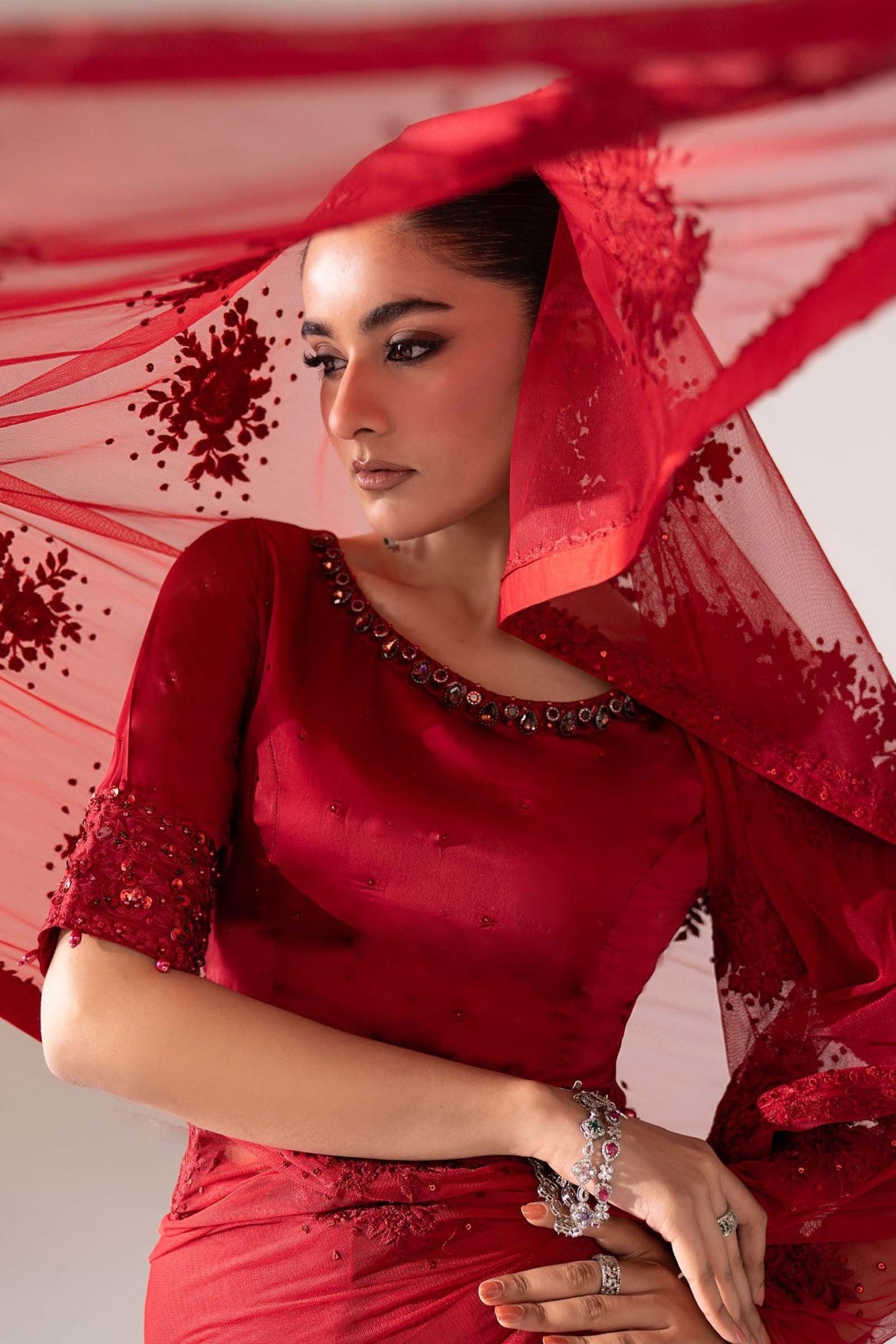 Maria B | RTW | Embroidered Chiffon Saree-Brand:Maria B-Type:Luxury Formals-Red - House of Maryam- Buy in UK, USA