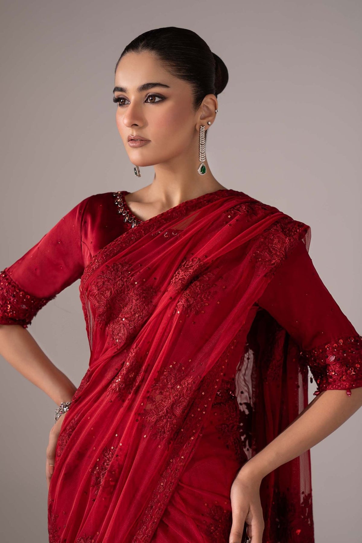Maria B | RTW | Embroidered Chiffon Saree-Brand:Maria B-Type:Luxury Formals-Red - House of Maryam- Buy in UK, USA