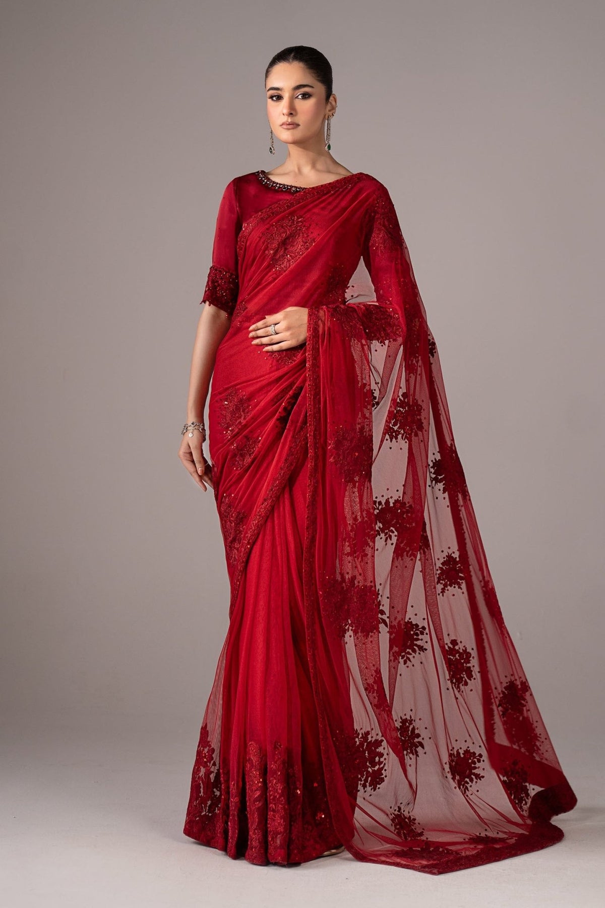 Maria B | RTW | Embroidered Chiffon Saree-Brand:Maria B-Type:Luxury Formals-Red - House of Maryam- Buy in UK, USA