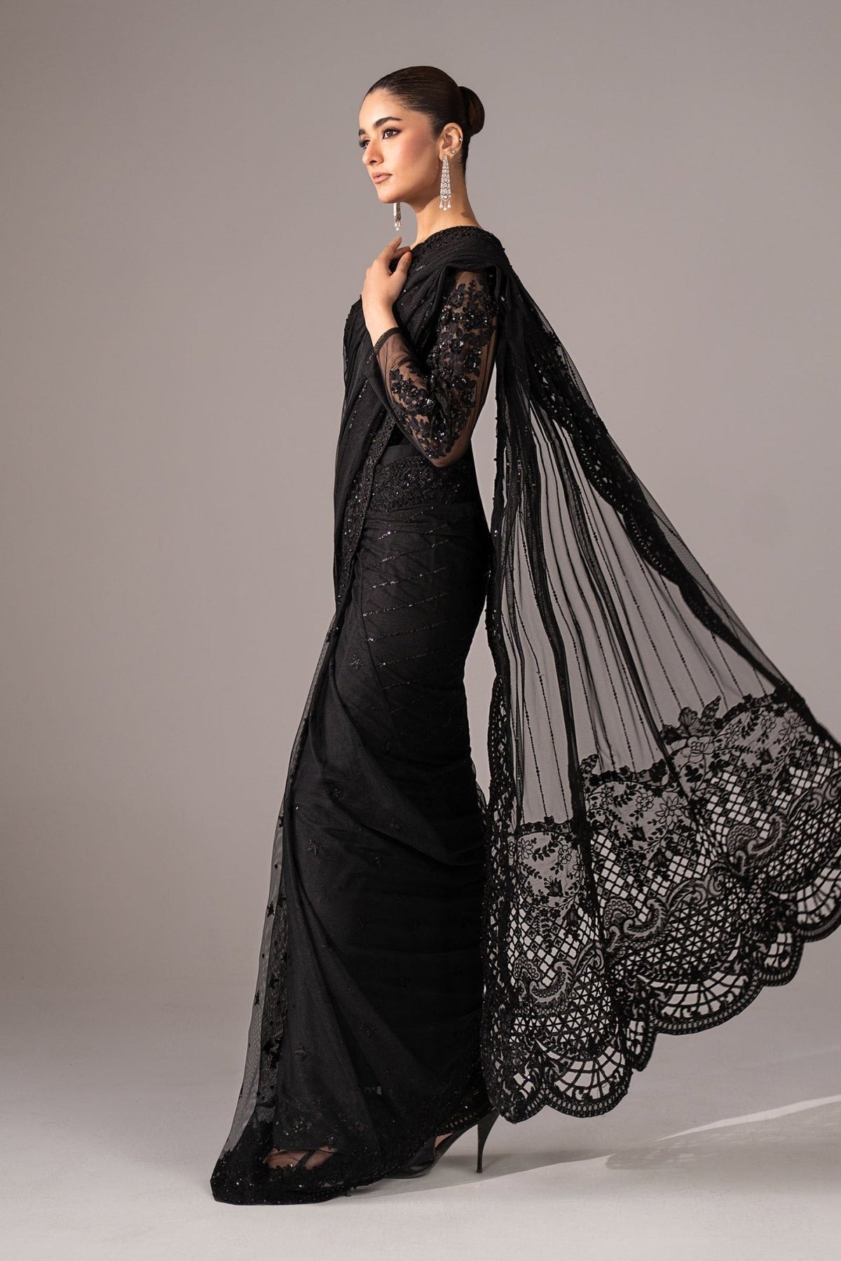 Maria B | RTW | Embroidered Net Saree-Brand:Maria B-Type:Luxury Formals-Black - House of Maryam- Buy in UK, USA