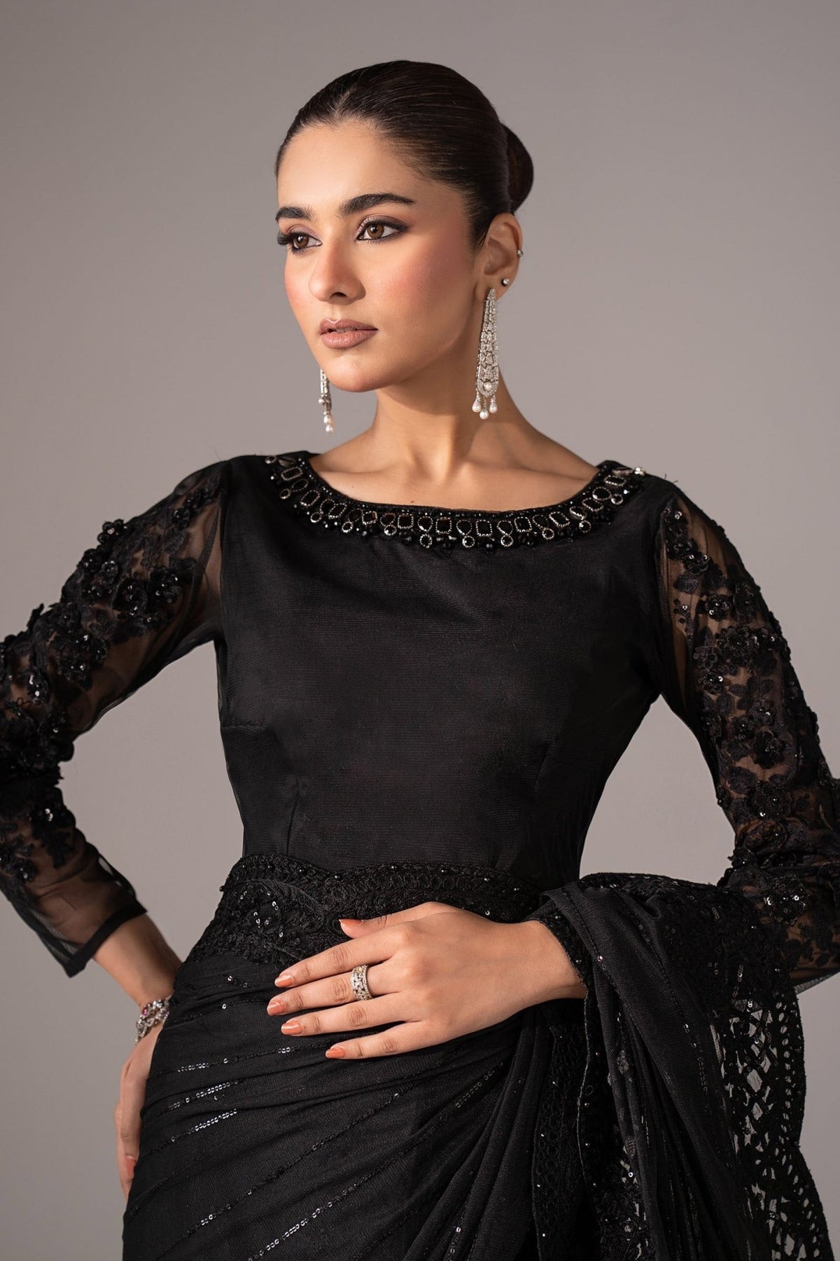 Maria B | RTW | Embroidered Net Saree-Brand:Maria B-Type:Luxury Formals-Black - House of Maryam- Buy in UK, USA