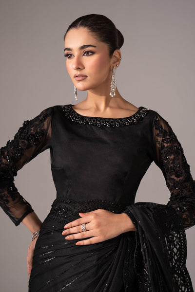 Maria B | RTW | Embroidered Net Saree-Brand:Maria B-Type:Luxury Formals-Black - House of Maryam- Buy in UK, USA
