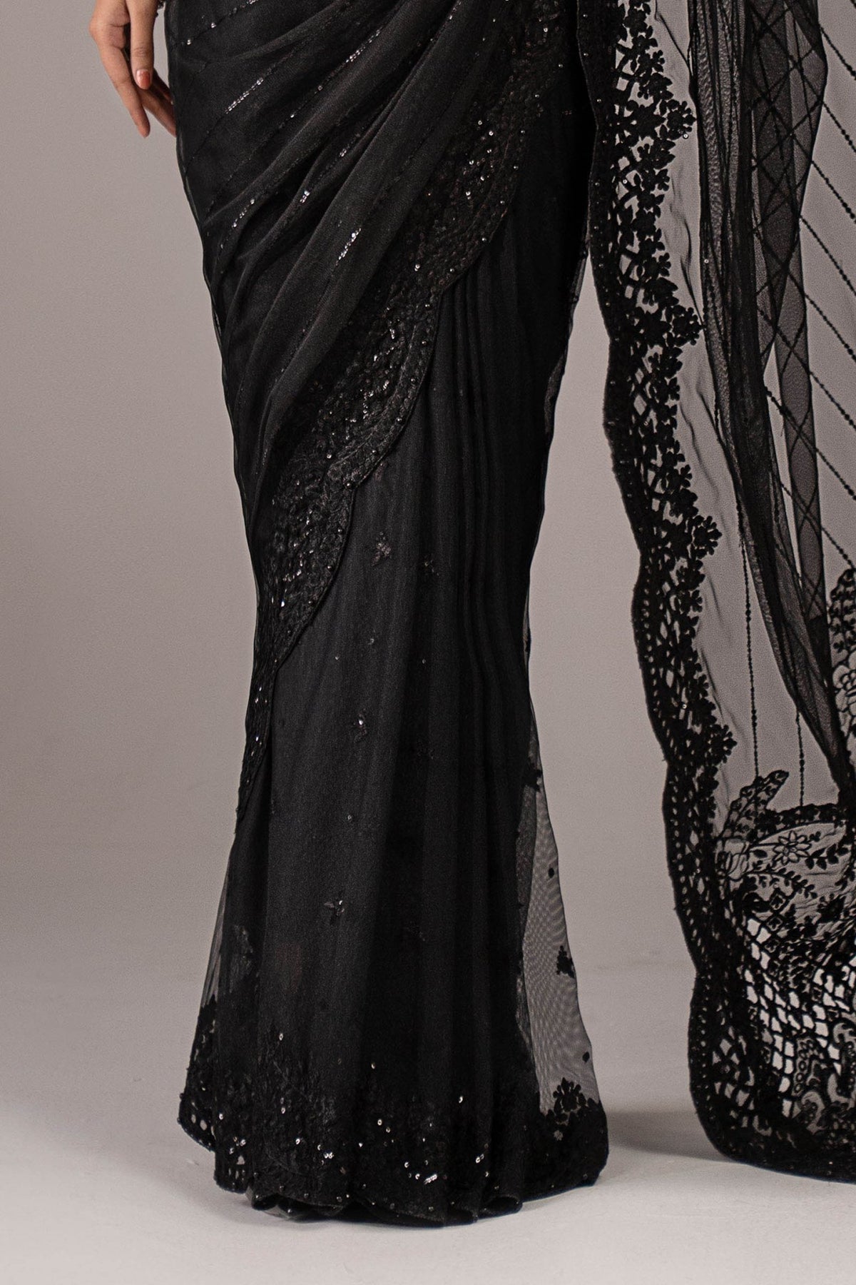 Maria B | RTW | Embroidered Net Saree-Brand:Maria B-Type:Luxury Formals-Black - House of Maryam- Buy in UK, USA