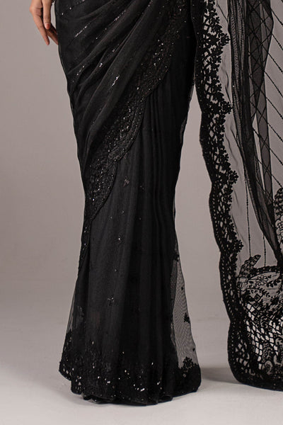 Maria B | RTW | Embroidered Net Saree-Brand:Maria B-Type:Luxury Formals-Black - House of Maryam- Buy in UK, USA