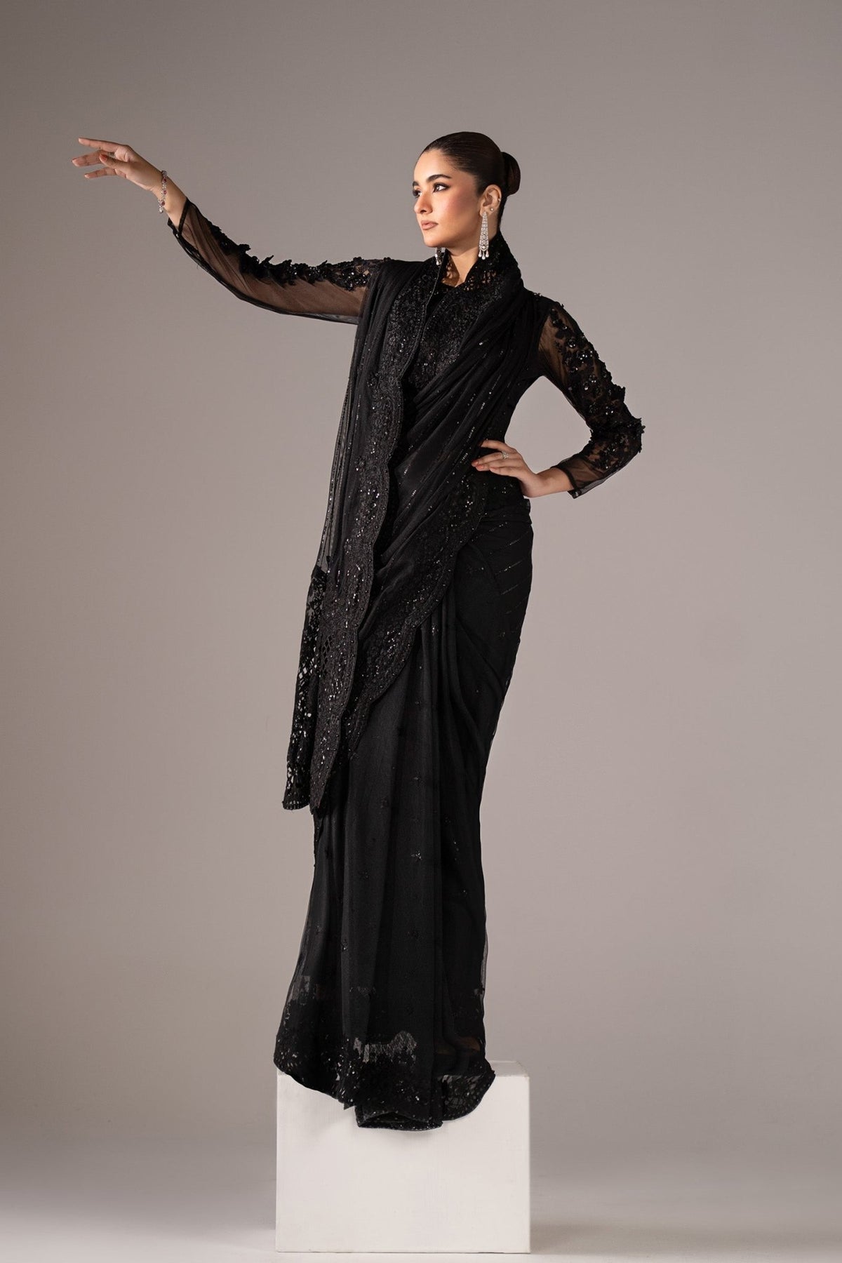 Maria B | RTW | Embroidered Net Saree-Brand:Maria B-Type:Luxury Formals-Black - House of Maryam- Buy in UK, USA
