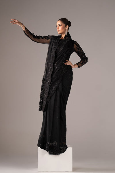 Maria B | RTW | Embroidered Net Saree-Brand:Maria B-Type:Luxury Formals-Black - House of Maryam- Buy in UK, USA