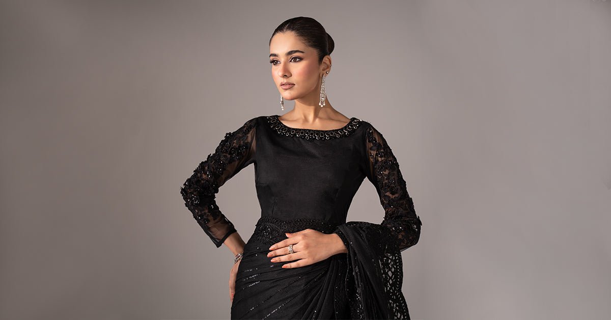 Maria B | RTW | Embroidered Net Saree-Brand:Maria B-Type:Luxury Formals-Black - House of Maryam- Buy in UK, USA