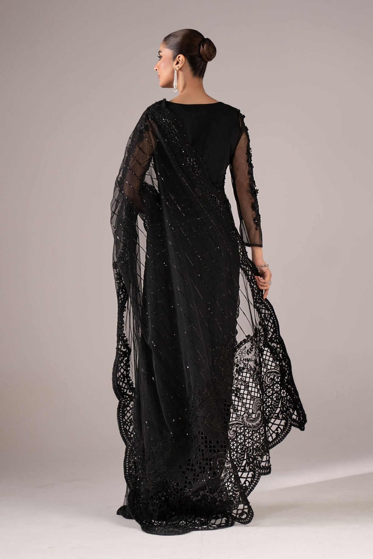 Maria B | RTW | Embroidered Net Saree-Brand:Maria B-Type:Luxury Formals-Black - House of Maryam- Buy in UK, USA