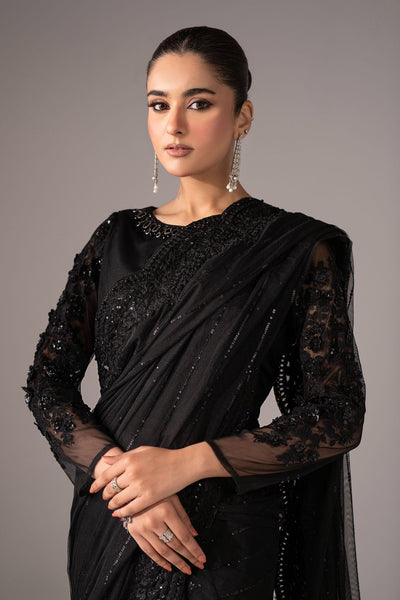 Maria B | RTW | Embroidered Net Saree-Brand:Maria B-Type:Luxury Formals-Black - House of Maryam- Buy in UK, USA