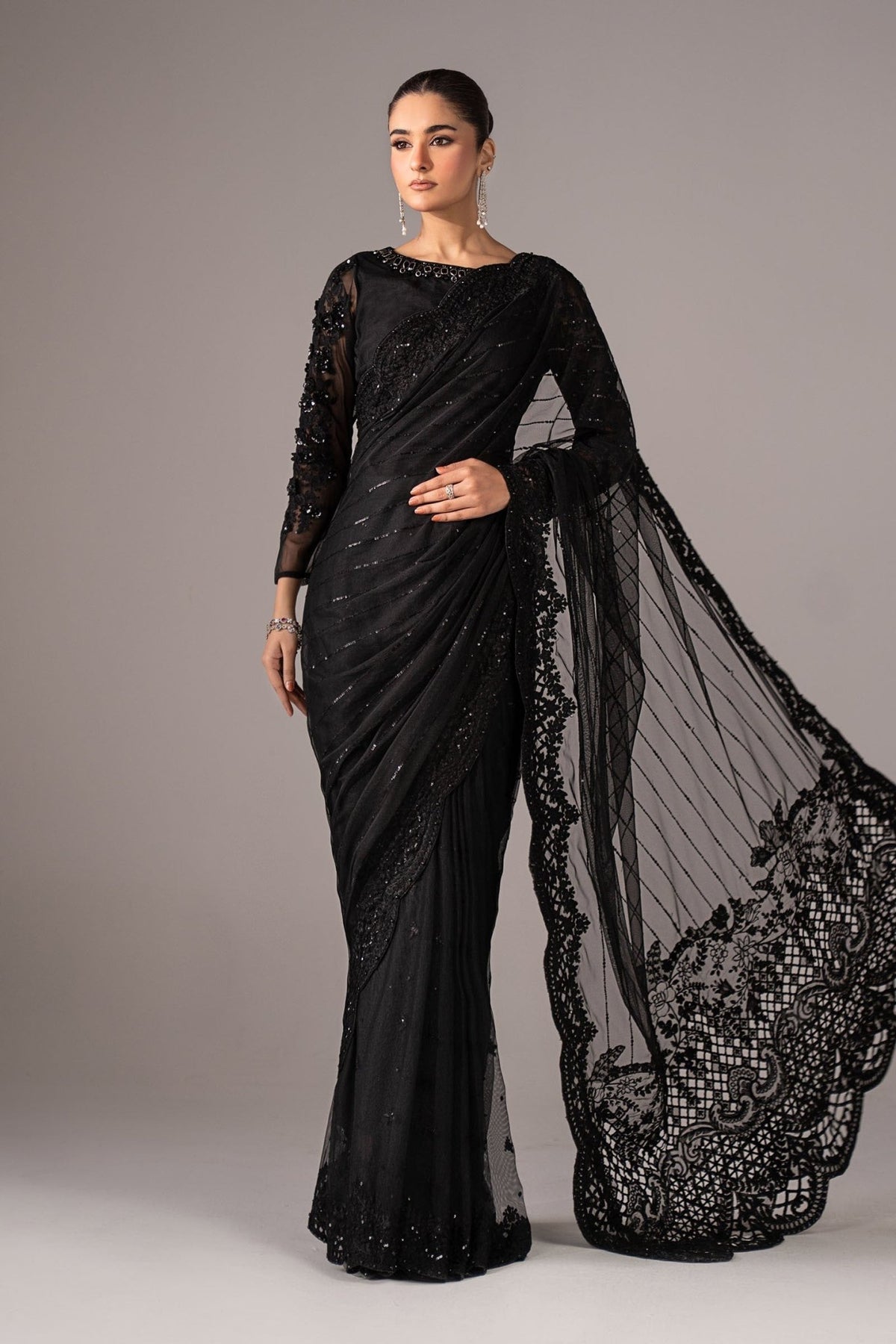 Maria B | RTW | Embroidered Net Saree-Brand:Maria B-Type:Luxury Formals-Black - House of Maryam- Buy in UK, USA