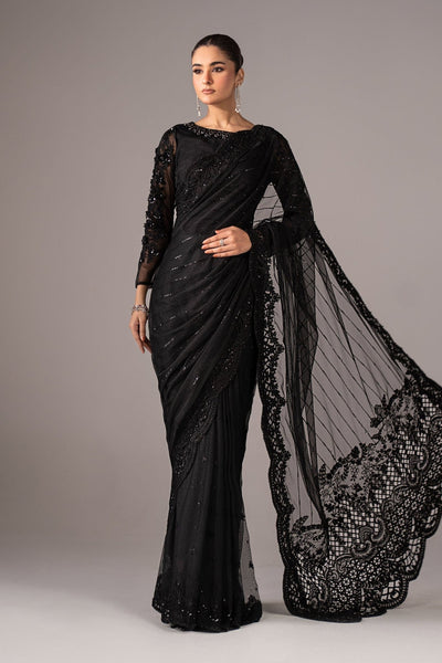 Maria B | RTW | Embroidered Net Saree-Brand:Maria B-Type:Luxury Formals-Black - House of Maryam- Buy in UK, USA