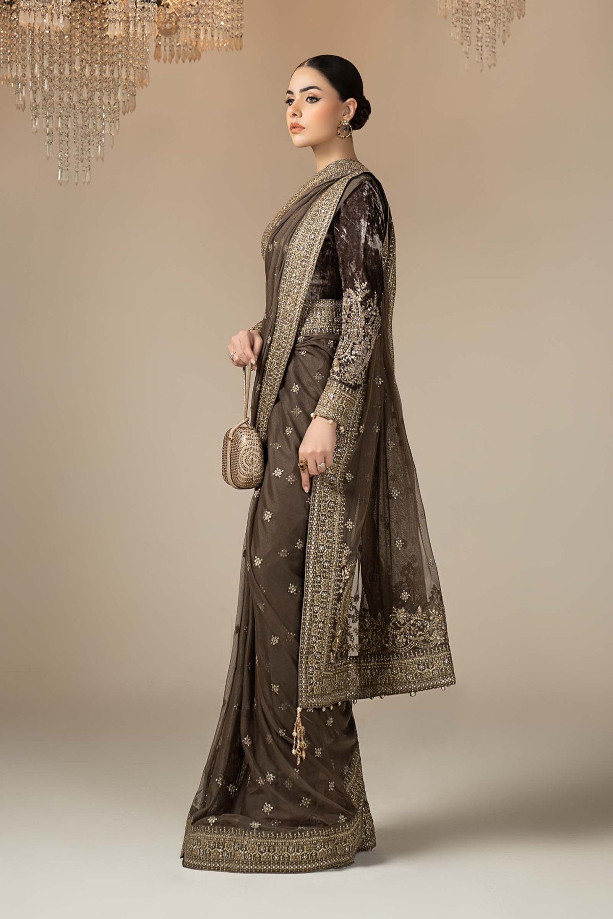 Maria B | RTW | Embroidered Net Saree-Brand:Maria B-Type:Luxury Formals-Grey - House of Maryam- Buy in UK, USA